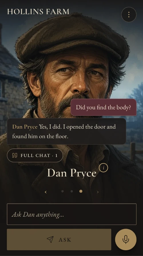 A player's phone showing a suspect's answer in the log, played on that phone.