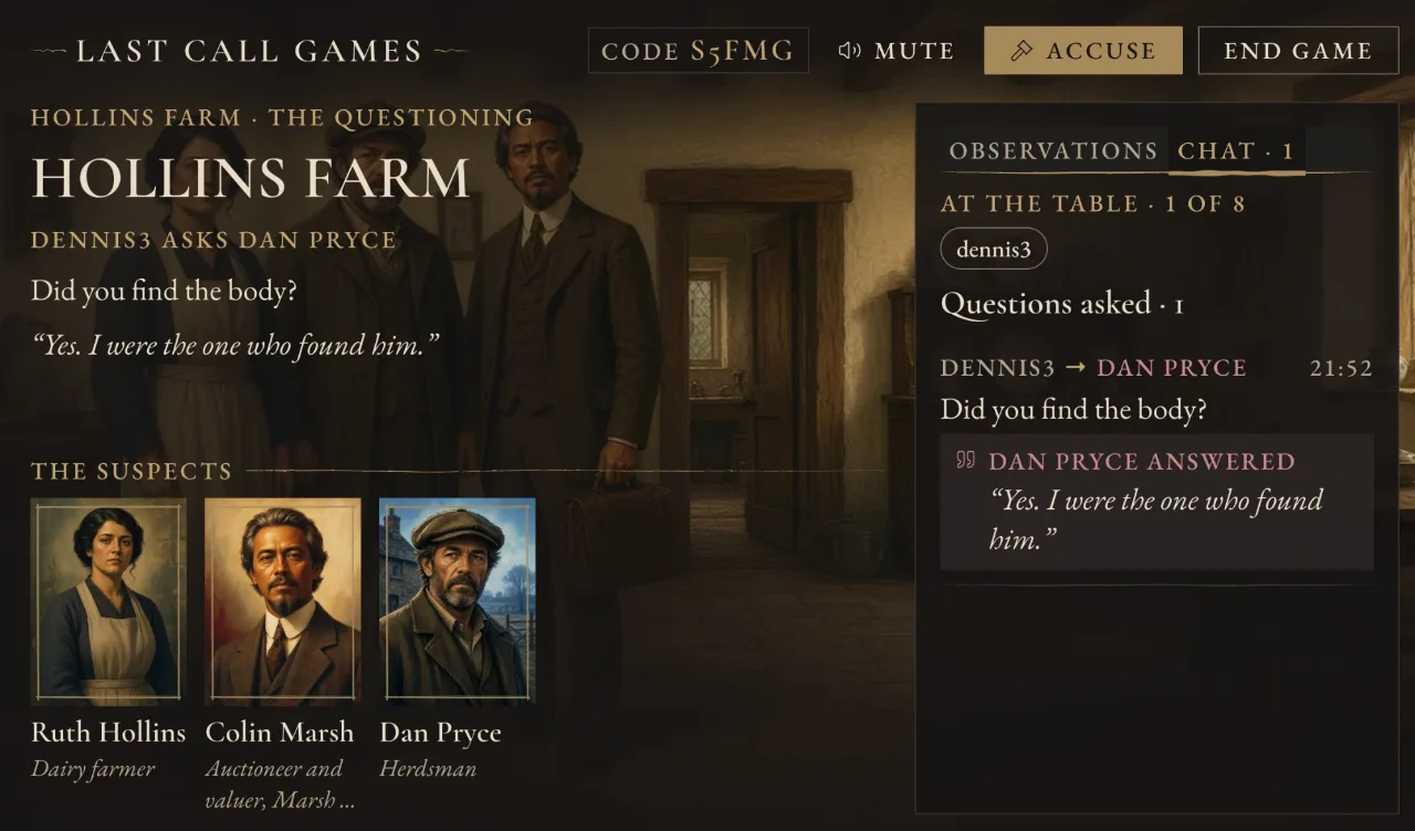 Hollins Farm on a TV during a game, showing the suspects and the log of questions and answers.